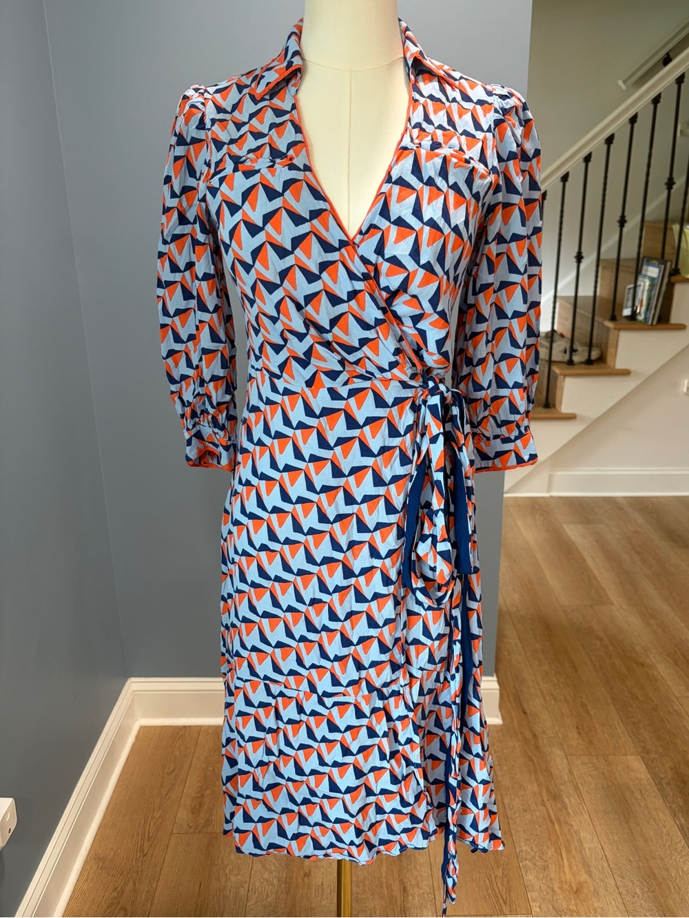Diane von Furstenberg DVF Geometric Print Wrap Dress Blue Orange Size 2